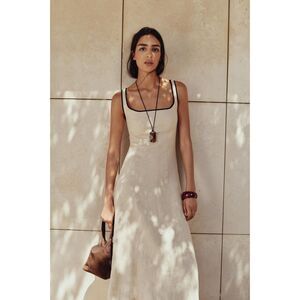 Zara Contrast Trim Midi Dress Light Beige L